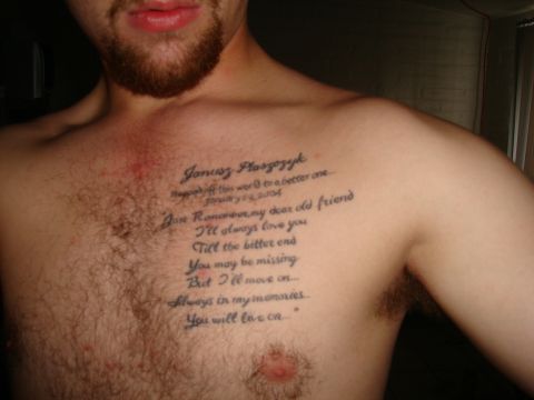 1997 Ford Probe - A chest tattoo displays a poem and the date January 24, 2004.