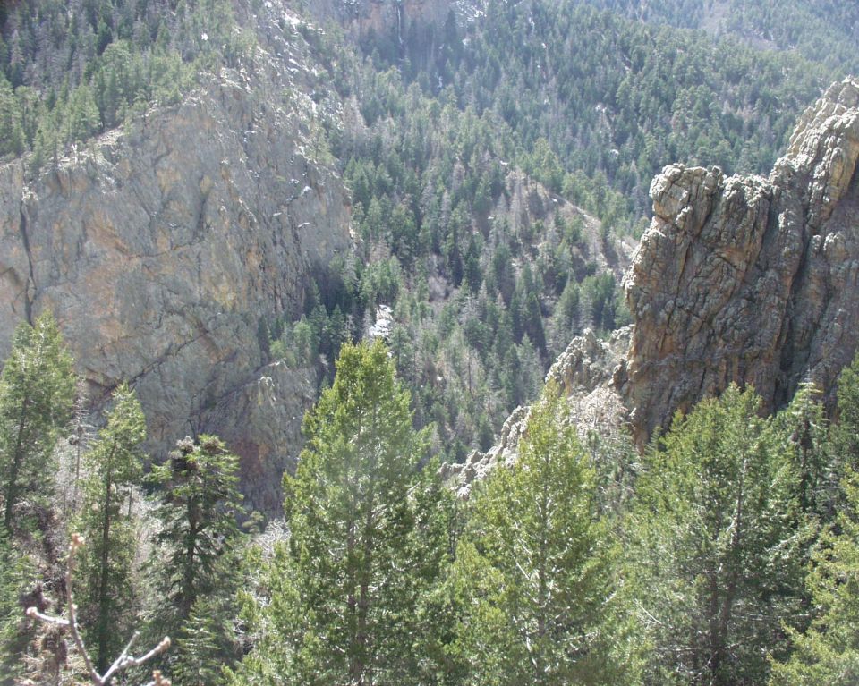 Mountain landscape with pine trees and rocky cliffs. SuperMotors.net logo in lower right