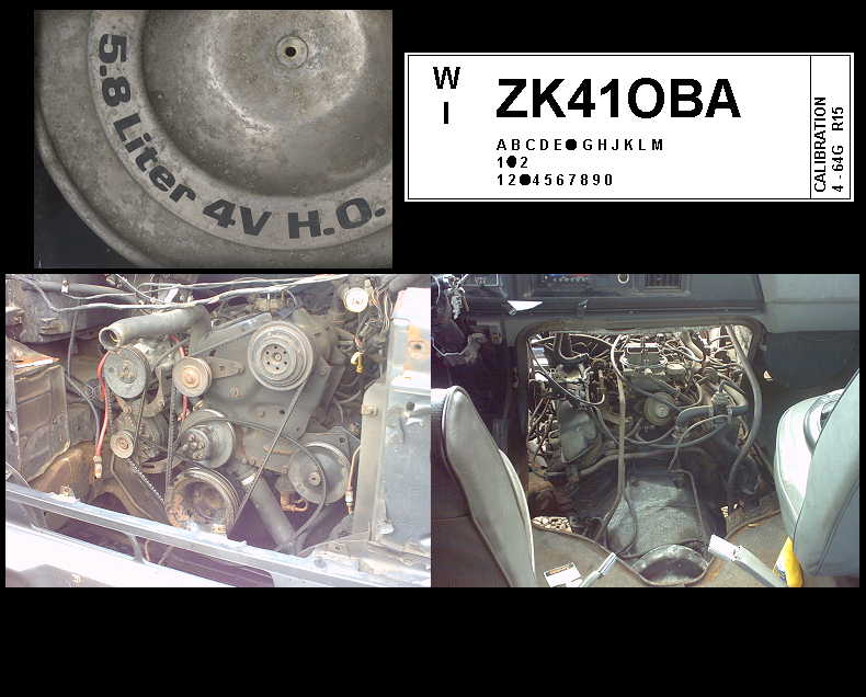 Collage: 5.8 Liter 4V H.O. air cleaner lid, ZK41OBA calibration tag, and two views of the installed 351 V8 engine.