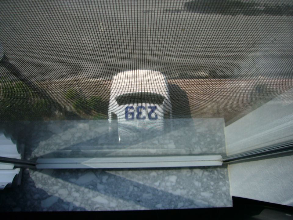 White vehicle rear with blue numbers 239, seen from above through a screen