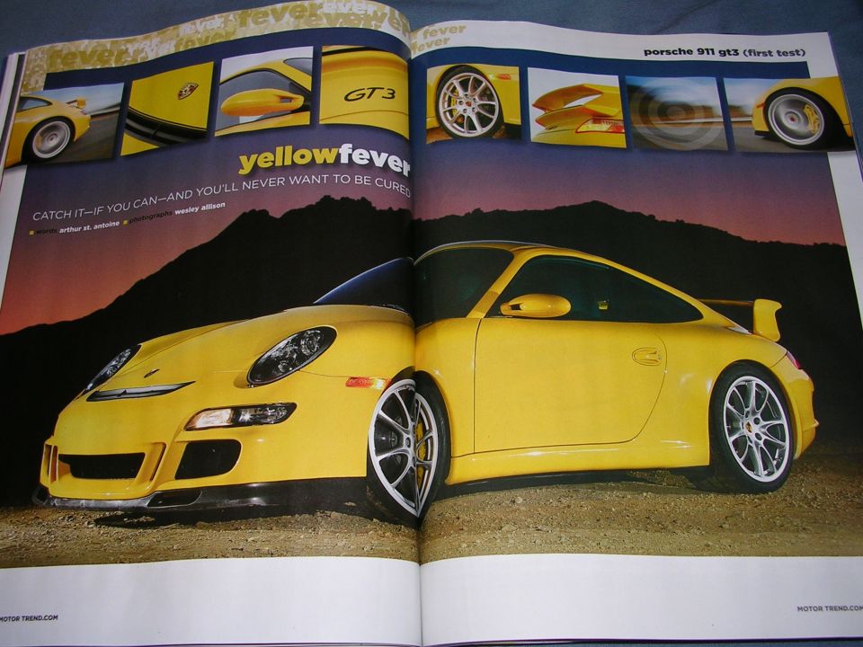 Motor Trend magazine spread on yellow Porsche 911 GT3 titled yellowfever