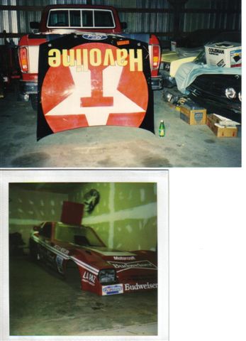 1972 Ford Ranchero - A Havoline branded hood is displayed in front of a pickup truck, with a drag car visible in another image.