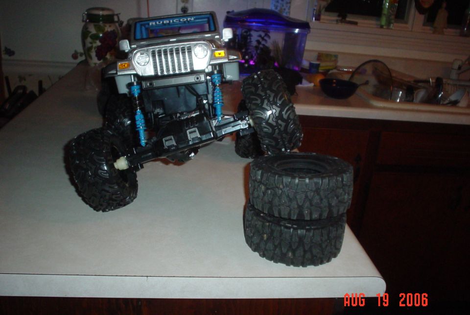 RC Jeep Rubicon front view with stacked tires