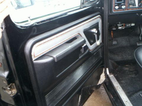 1979 Ford F-250 - Interior view of a black door panel with chrome accents and a visible window crank.