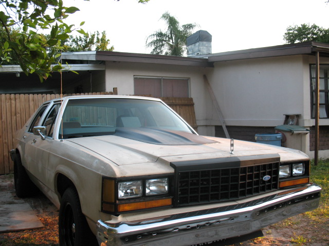 Tan sedan with a black grille and hood scoop, parked in a driveway