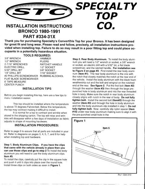 1991 Ford Bronco - This document from Specialty Top Co. contains text and diagrams related to soft top installation.