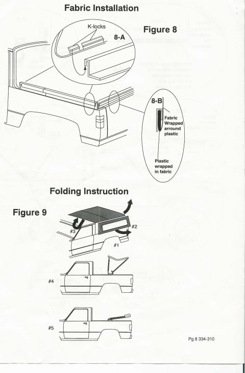 1991 Ford Bronco - Diagrams illustrate the process of installing and folding a soft top cover for a pickup truck bed.