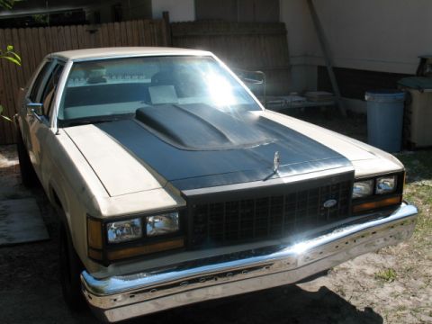1985 Ford LTD Crown Victoria - This 1985 Ford Crown Victoria LTD features a prominent aftermarket hood scoop on its dark hood.