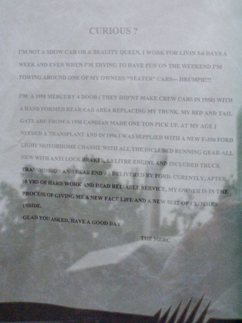 1990 Ford Bronco - A document discusses a 1950 Mercury 4 door, detailing its modifications and history.