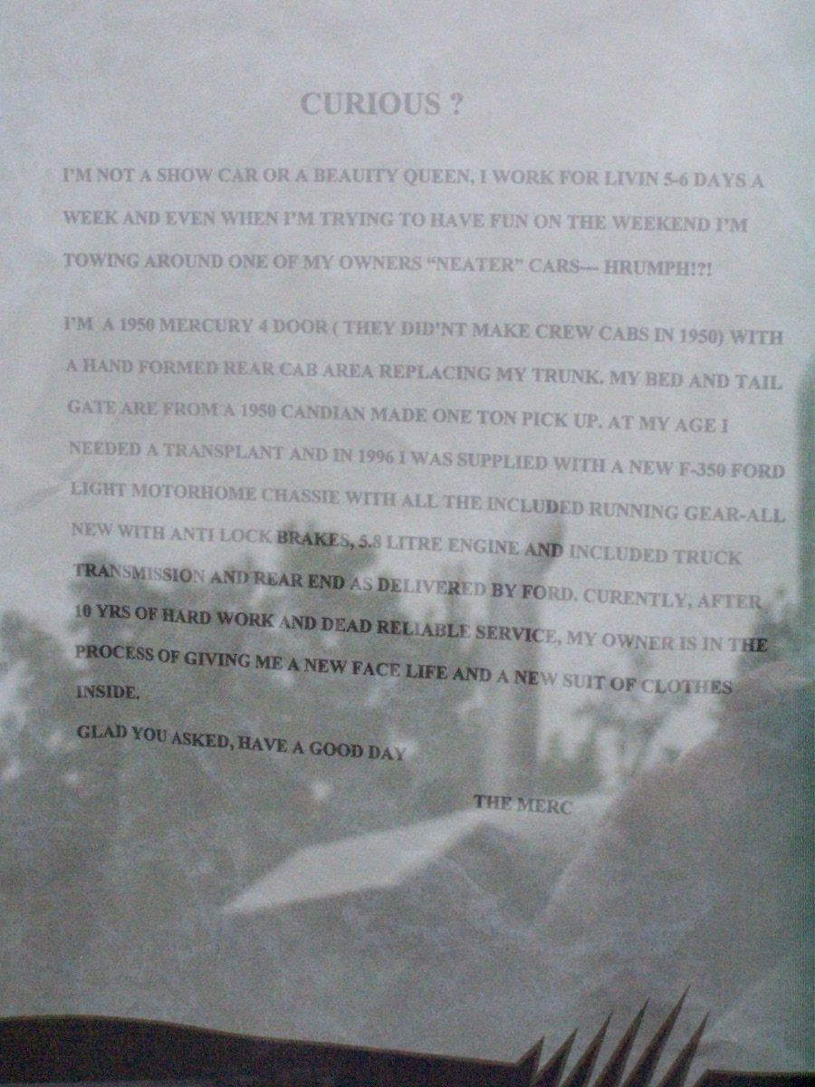 Document titled "CURIOUS?" with text about a 1950 Mercury 4 door