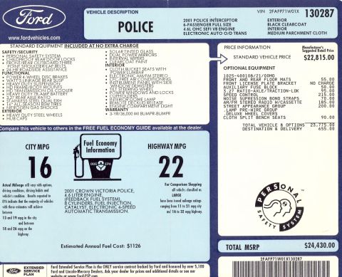 2001 Ford Crown Victoria - Window sticker details for a 2001 Ford Crown Victoria Police Interceptor, including MSRP and optional equipment.