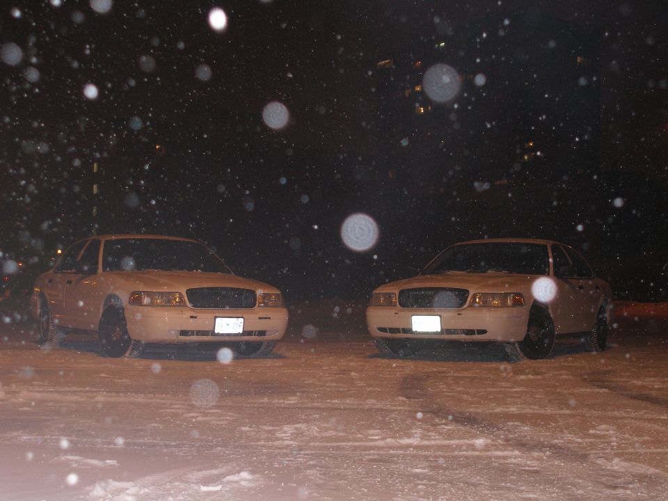 Two white 2003 Ford Crown Victorias parked in snow at night