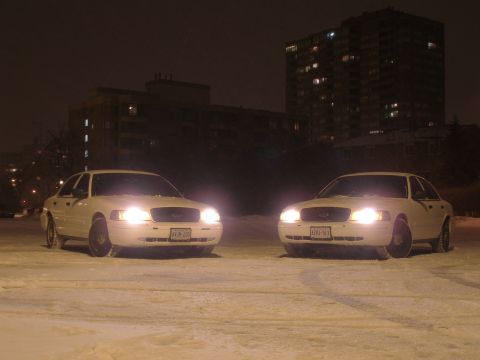 2003 Ford Crown Victoria - Two white 2003 Ford Crown Victorias are parked in the snow at night, with their headlights on.
