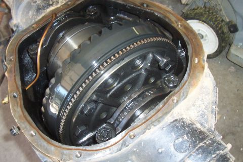 1994 Ford F-150 - The internal components of a vehicle's differential are exposed for inspection or repair.