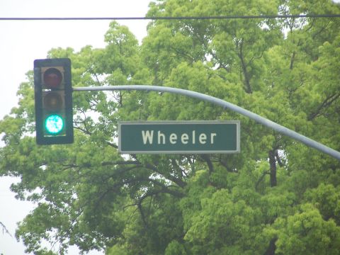 1990 Ford Bronco - A traffic light shows green next to a Wheeler street sign, surrounded by vibrant green foliage.