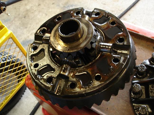 Disassembled differential carrier and spider gears closeup
