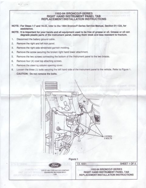 1994 Ford Bronco - This document details the replacement and installation instructions for the right hand instrument panel tab on a 1992-94 Bronco/F-Series.