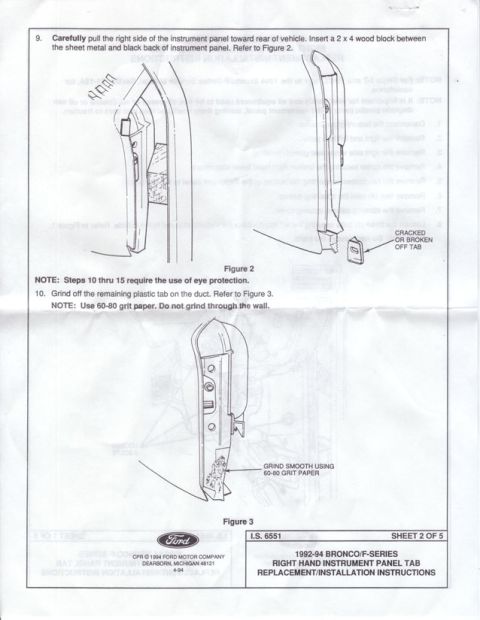 1994 Ford Bronco - Diagrams illustrate the process for replacing a right-hand instrument panel tab on a 1992-94 Bronco/F-Series.