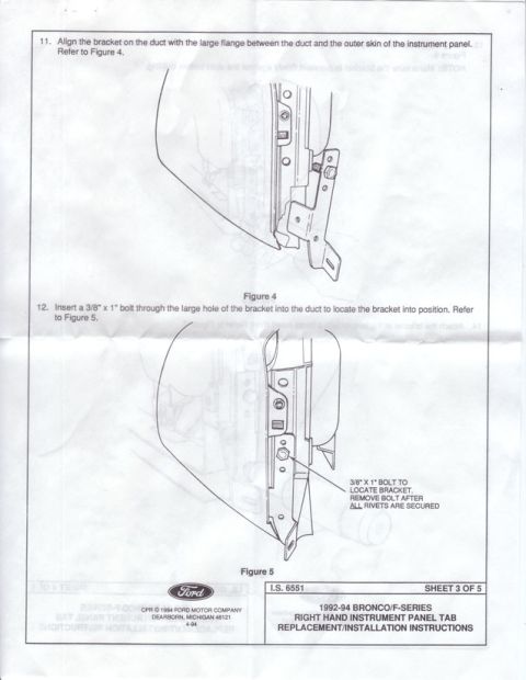1994 Ford Bronco - Diagram illustrating the replacement and installation of a right-hand instrument panel tab for 1992-94 Bronco/F-Series vehicles.