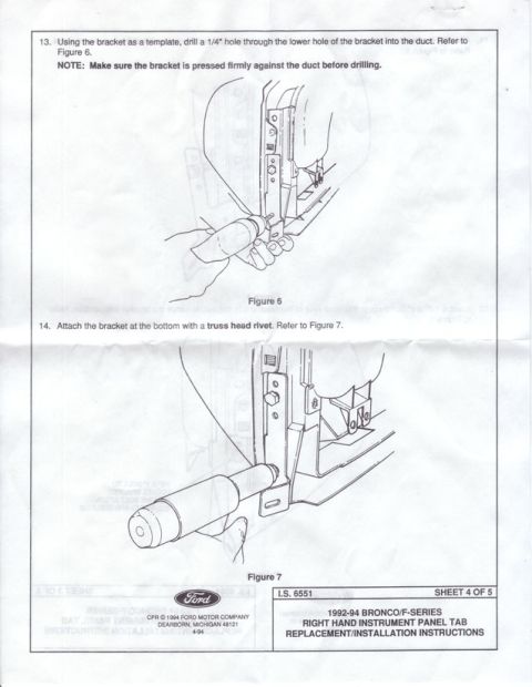 1994 Ford Bronco - Diagram illustrating replacement/installation instructions for a 1992-94 Bronco/F-Series instrument panel tab.