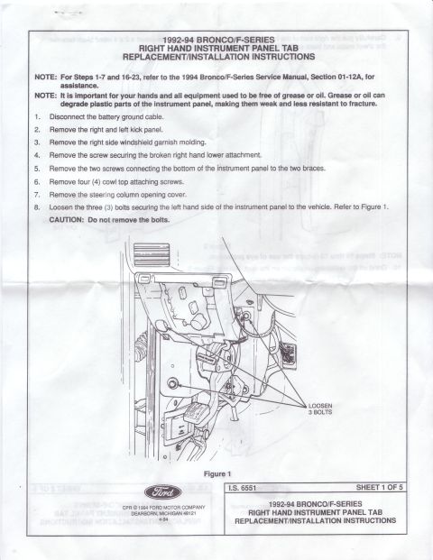 1994 Ford Bronco - This document provides instructions for replacing the right hand instrument panel tab on a 1992-94 Bronco/F-Series.