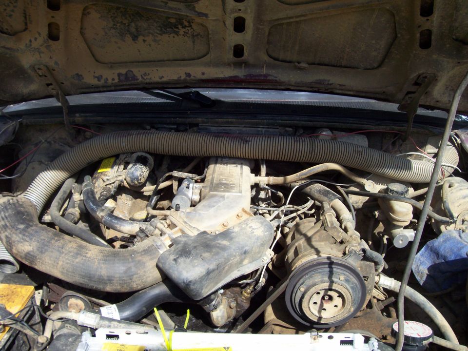 Dirty V6 engine bay seen from above with hood open, intake manifold and belt visible