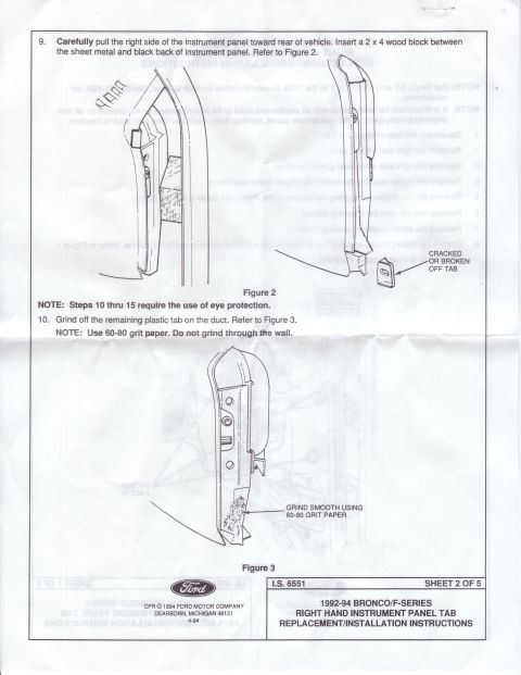 1994 Ford Bronco - Instructions detail the repair and replacement of an instrument panel tab for 1992-94 Bronco and F-Series vehicles.