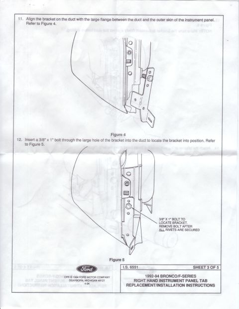 1994 Ford Bronco - This document provides installation instructions for a right hand instrument panel tab on 1992-94 Bronco/F-Series vehicles.