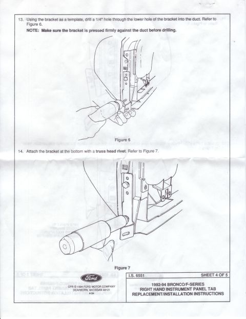 1994 Ford Bronco - Installation instructions for a 1992-94 Bronco/F-Series instrument panel tab are shown in these diagrams.