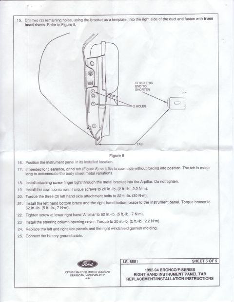 1994 Ford Bronco - Diagram illustrating the steps for installing a right hand instrument panel tab for a 1992-94 Bronco/F-Series.