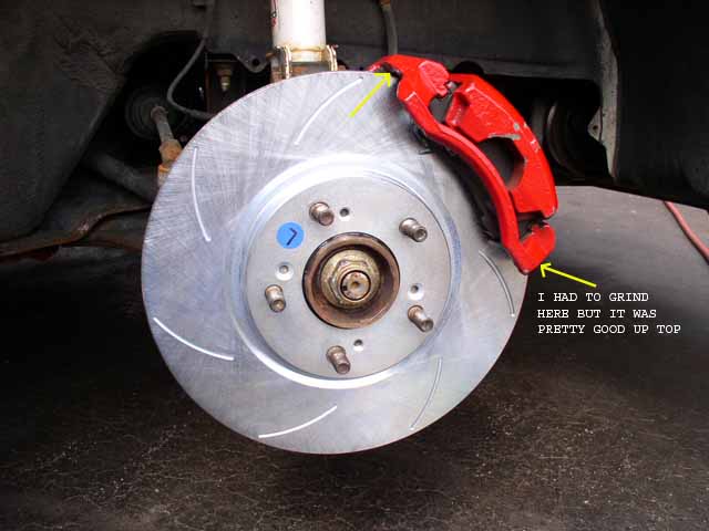 Red brake caliper over a slotted rotor, with text annotation