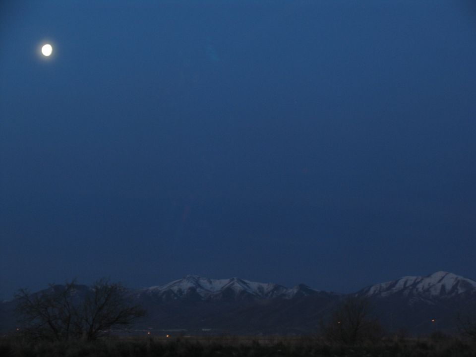 Moon high in dark blue sky over snow-capped mountains and bare trees