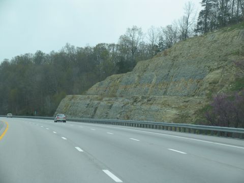 1995 Ford C-350 (Centurion Conversions) - Driving on a highway next to a large rock cut with trees and two vehicles visible.