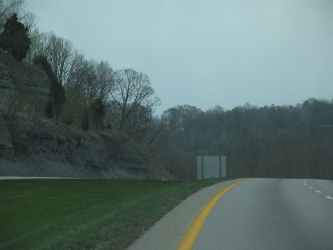 1995 Ford C-350 (Centurion Conversions) - A view from a vehicle traveling on a highway, showing a grassy shoulder and a wooded hillside.
