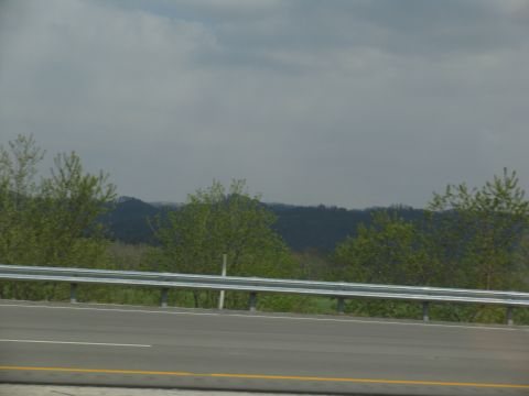 1995 Ford C-350 (Centurion Conversions) - A view of a highway guardrail and trees with distant hills under a cloudy sky.