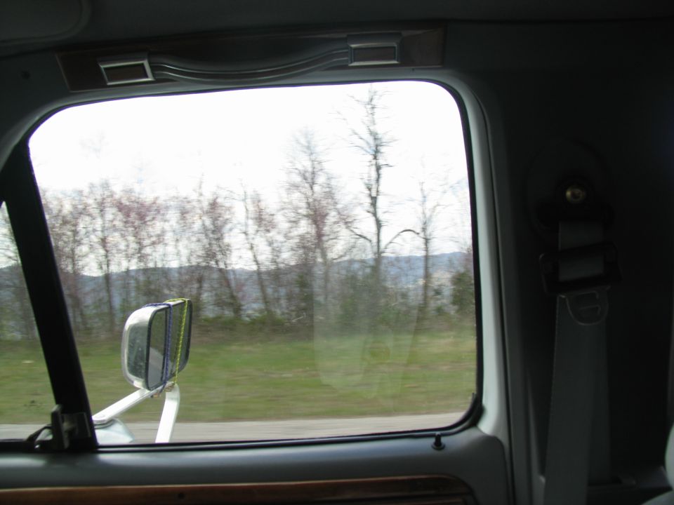 View from inside a vehicle, looking out the passenger window at trees and a distant hill. A side mirror is visible