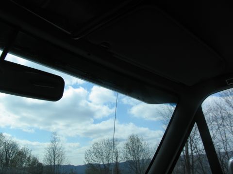 1995 Ford C-350 (Centurion Conversions) - View from inside the vehicle shows the sky and trees through the windshield.