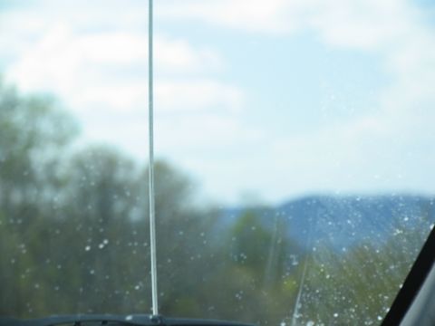1995 Ford C-350 (Centurion Conversions) - View from the windshield of a vehicle, looking out at a blurry landscape with trees and hills.