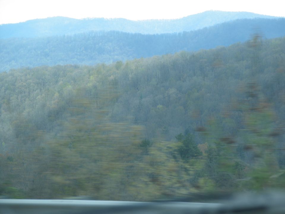 Blurry landscape with rolling hills and trees under a hazy sky