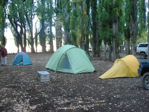 1986 Ford Bronco - A campsite scene shows multiple tents and at least two vehicles parked among tall trees.