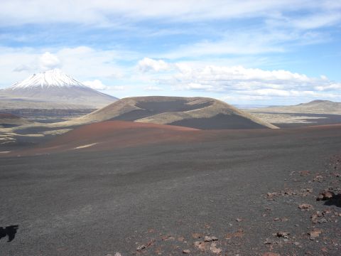 1986 Ford Bronco - A vast volcanic landscape unfolds with a prominent snow-capped mountain in the distance and a large crater in the mid-ground.