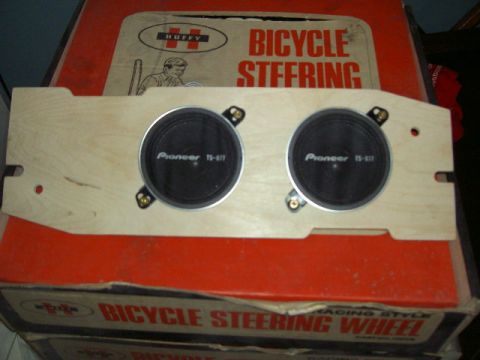 1967 Ford Ranchero - A custom wooden speaker enclosure with Pioneer speakers sits atop a vintage Huffy Bicycle Steering box.
