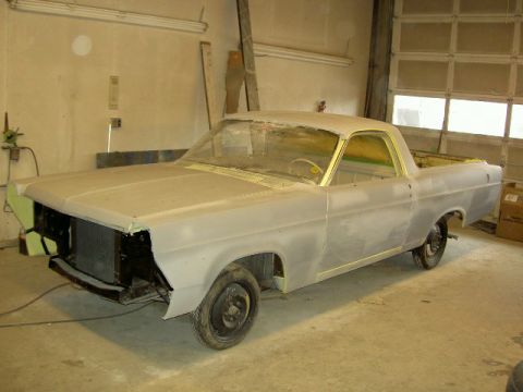 1967 Ford Ranchero - This 1967 Ford Ranchero is in primer and ready for paint, a distinctive yellow trim around the cabin.