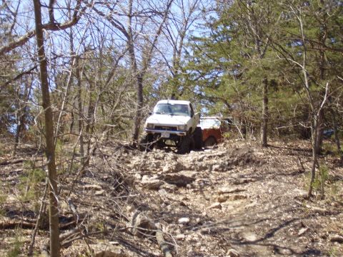 2007 Ford GT - A white pickup truck tows an orange trailer up a rocky, wooded incline on an off-road trail.