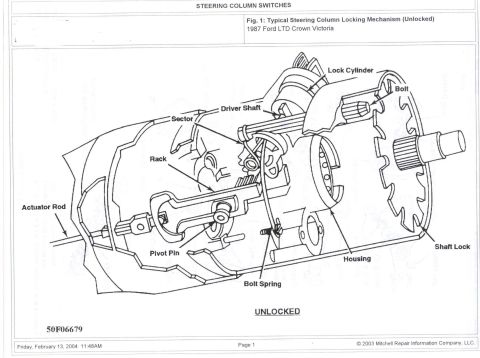 1985 Ford LTD Crown Victoria - Labeled cutaway parts breakdown of a 1987 Ford LTD Crown Victoria steering column locking mechanism in the unlocked position.