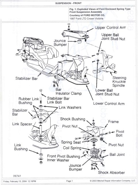 1985 Ford Crown Victoria LTD - Exploded view of a front suspension assembly, courtesy of Ford Motor Co.