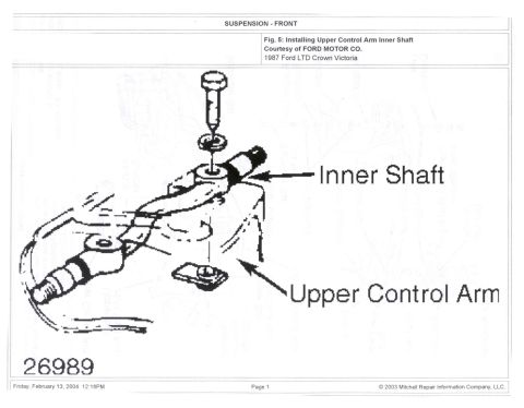 1985 Ford Crown Victoria LTD - This diagram illustrates the installation of an inner shaft into the upper control arm of a vehicle.