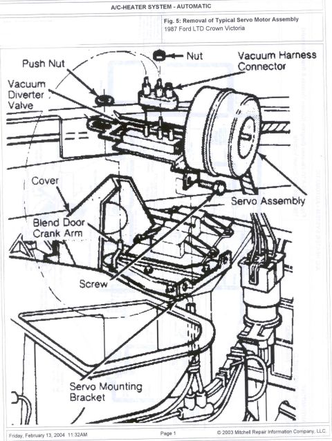 1985 Ford LTD Crown Victoria - Mitchell service illustration showing removal of the automatic A/C-heater vacuum servo motor assembly: vacuum harness connector, diverter v…