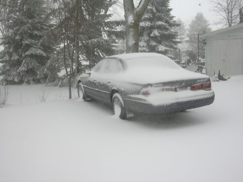 1996 Ford Crown Victoria - A dark-colored sedan is mostly buried in snow during a winter storm, with trees and a building visible in the background.