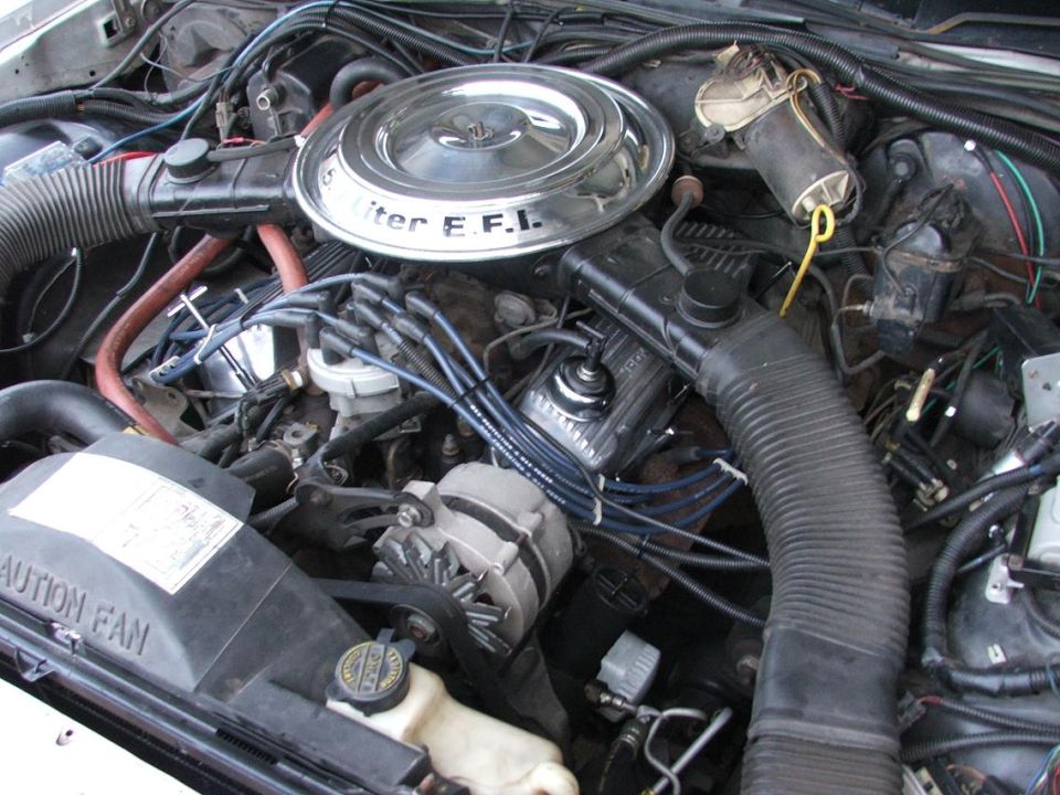 Engine bay with air filter housing, distributor, alternator, and hoses visible. 'CAUTION FAN' text on shroud